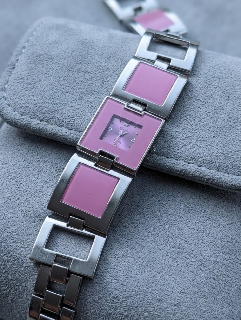 ​Vivah Pink Square Dial Silver Stainless Steel Link Fashion Watch